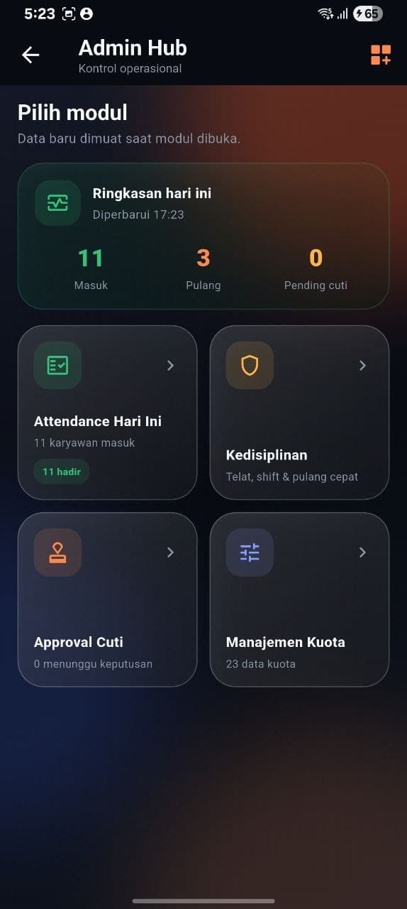 Admin Hub for attendance, discipline, leave approval, and quota management