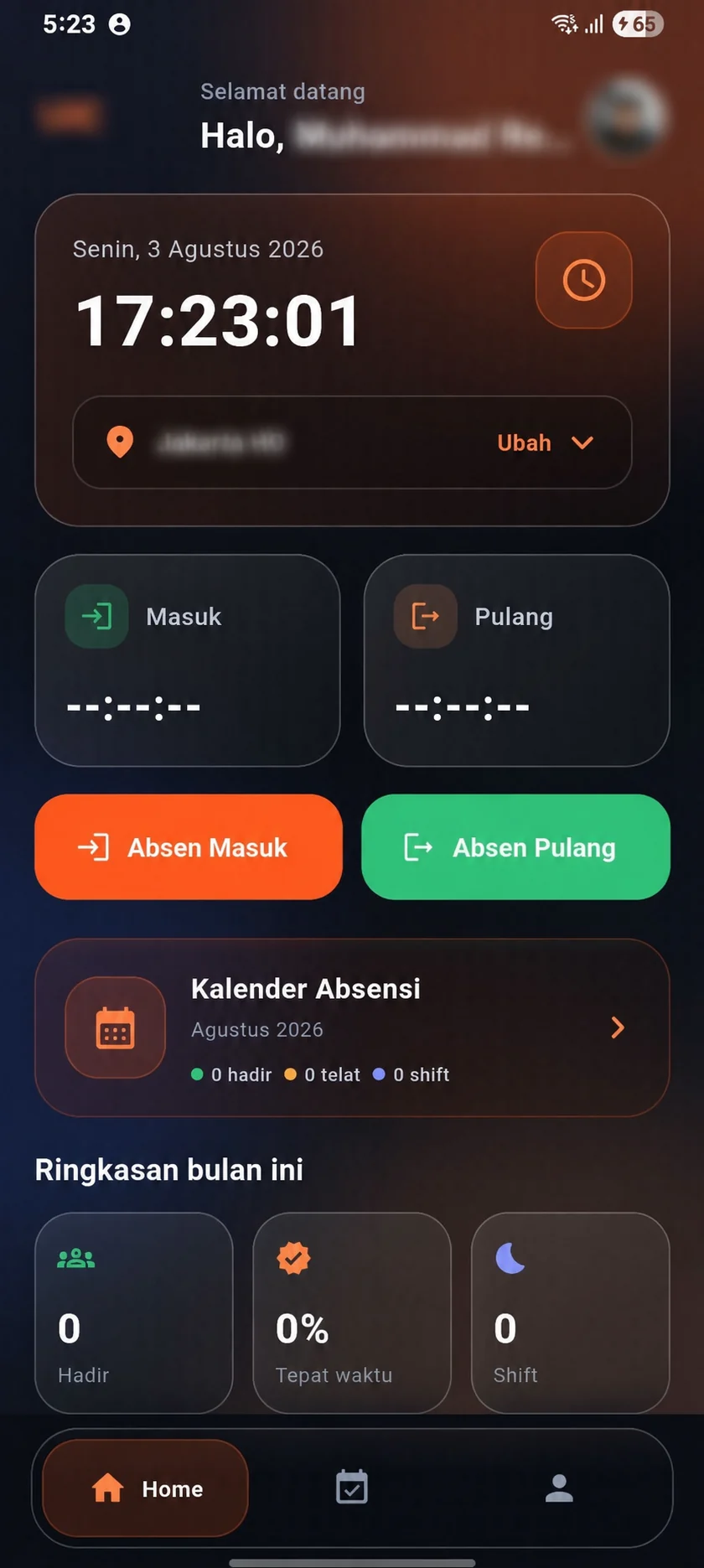 Android app home screen with check-in, check-out, location, and timestamp