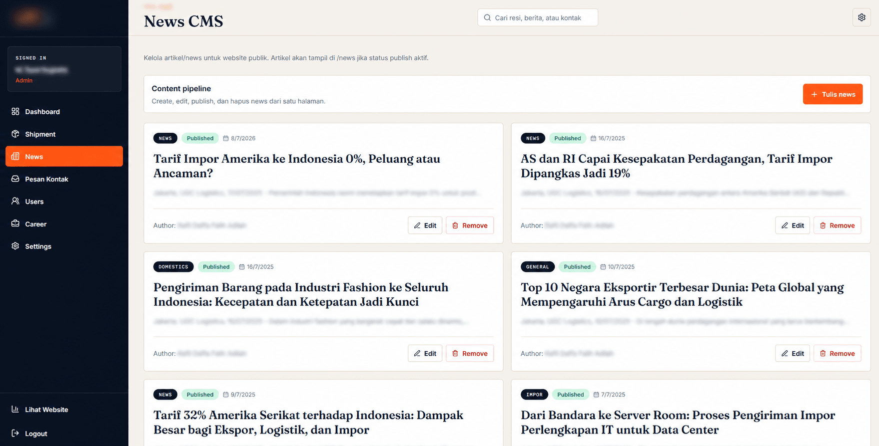 Pengelolaan artikel dan alur publikasi News CMS
