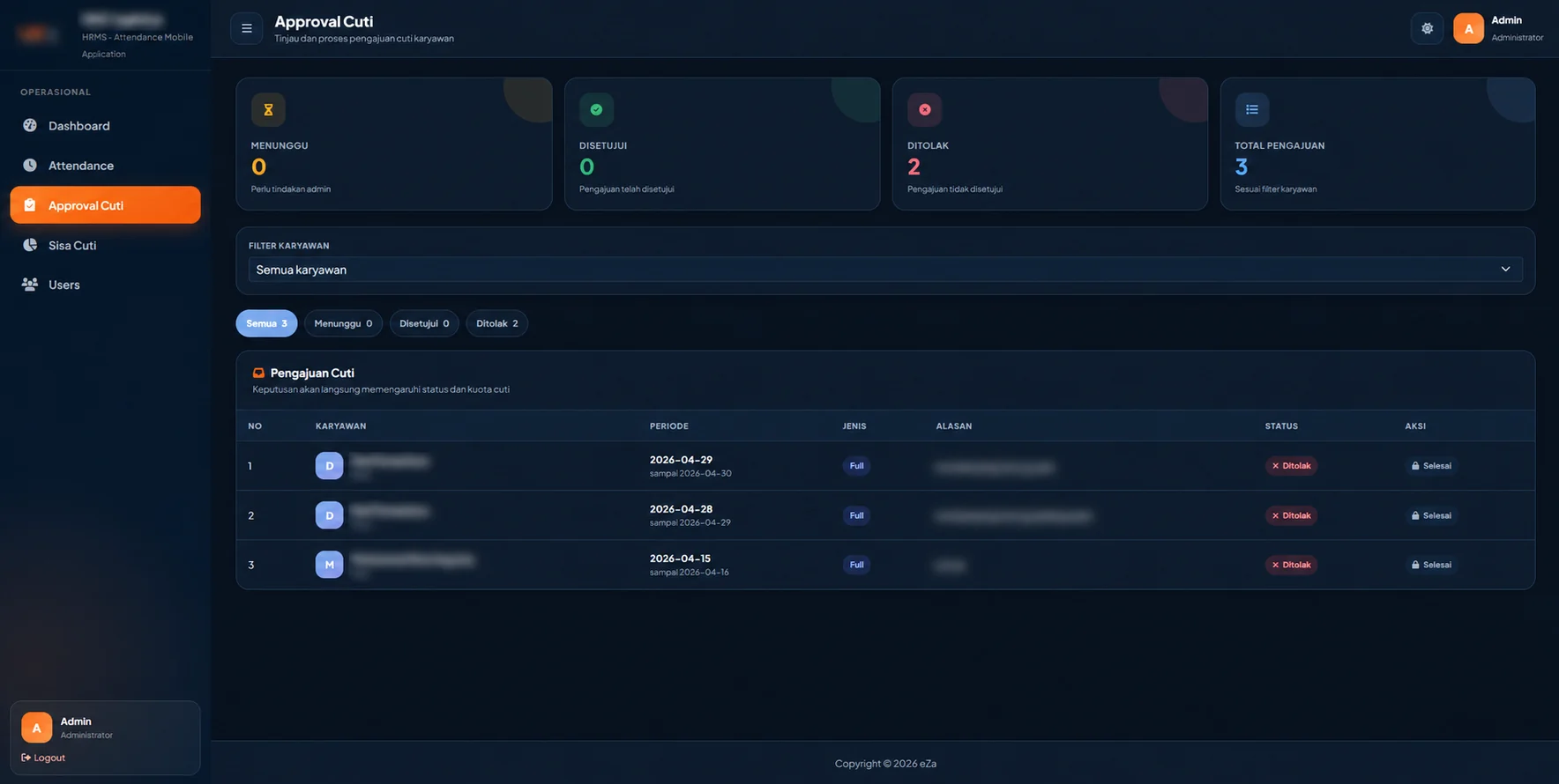 Leave request approval and status administration